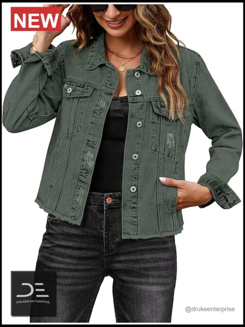 Distressed Denim Jacket Button Up Vintage Western Trucker Frayed Hem Pockets
